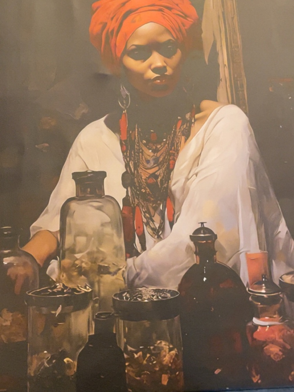 Framed Art Print of Woman in Red Headwrap and White Dress